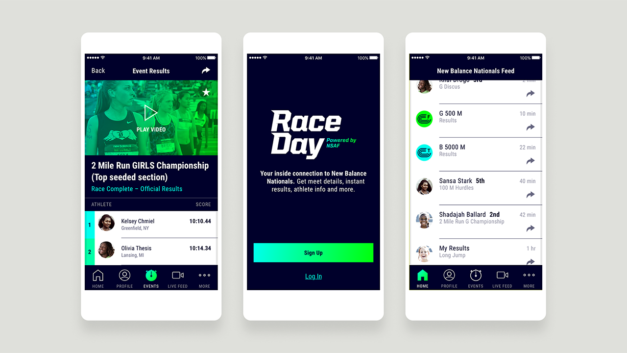 Three phones display event results, login, and home feed screens from the Raceday app.