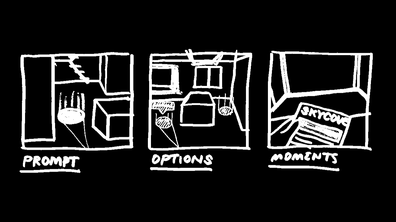 A set of annotated storyboards show alternate pathways.