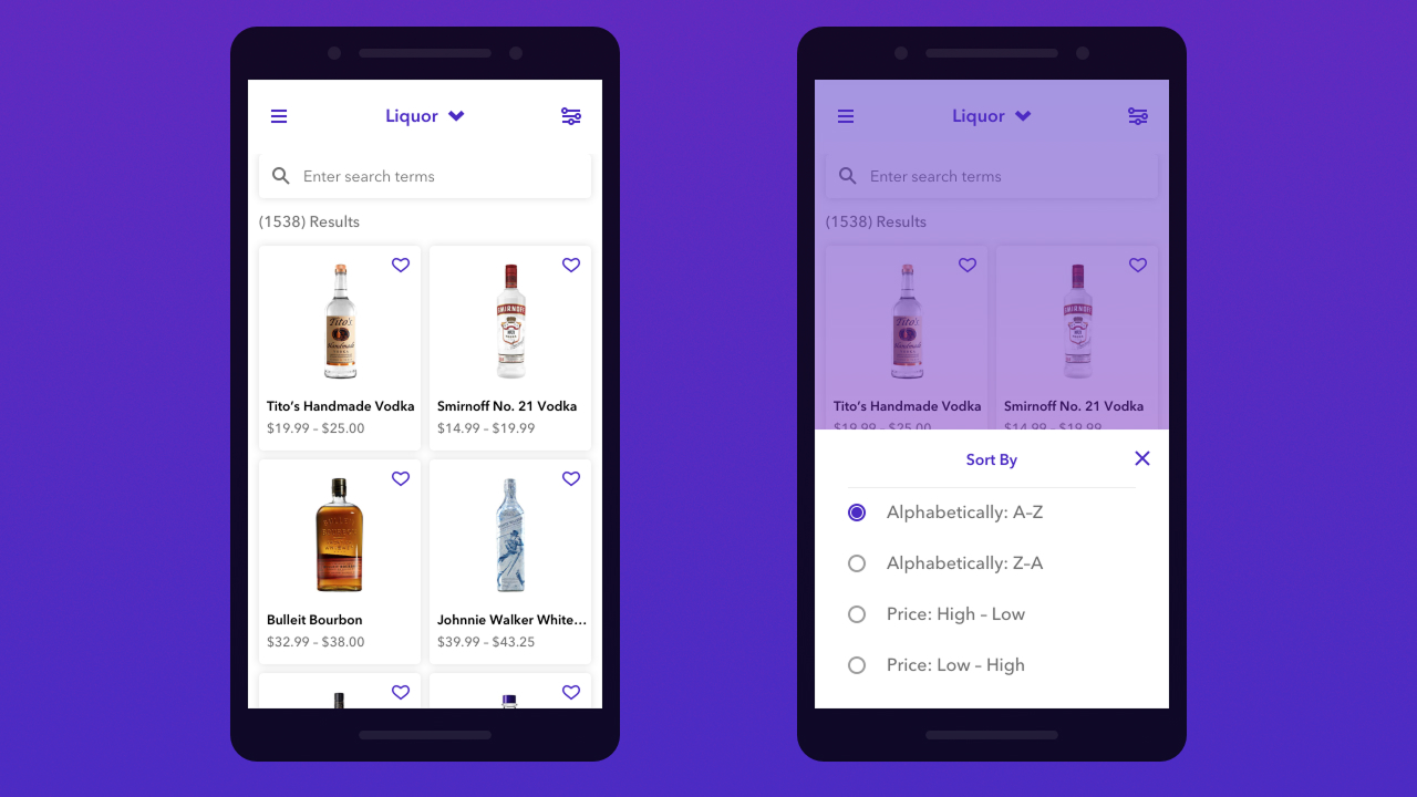 Phone screens display a product listing page and a sorting overlay.