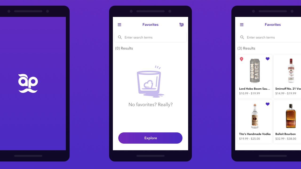Three phones show logo splash screen, favorites empty state, list populated with favorites.