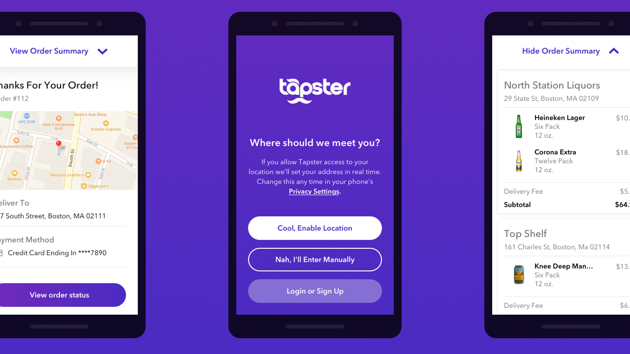 Welcome screen with location permission prompt for new users flanked by order summary screens.